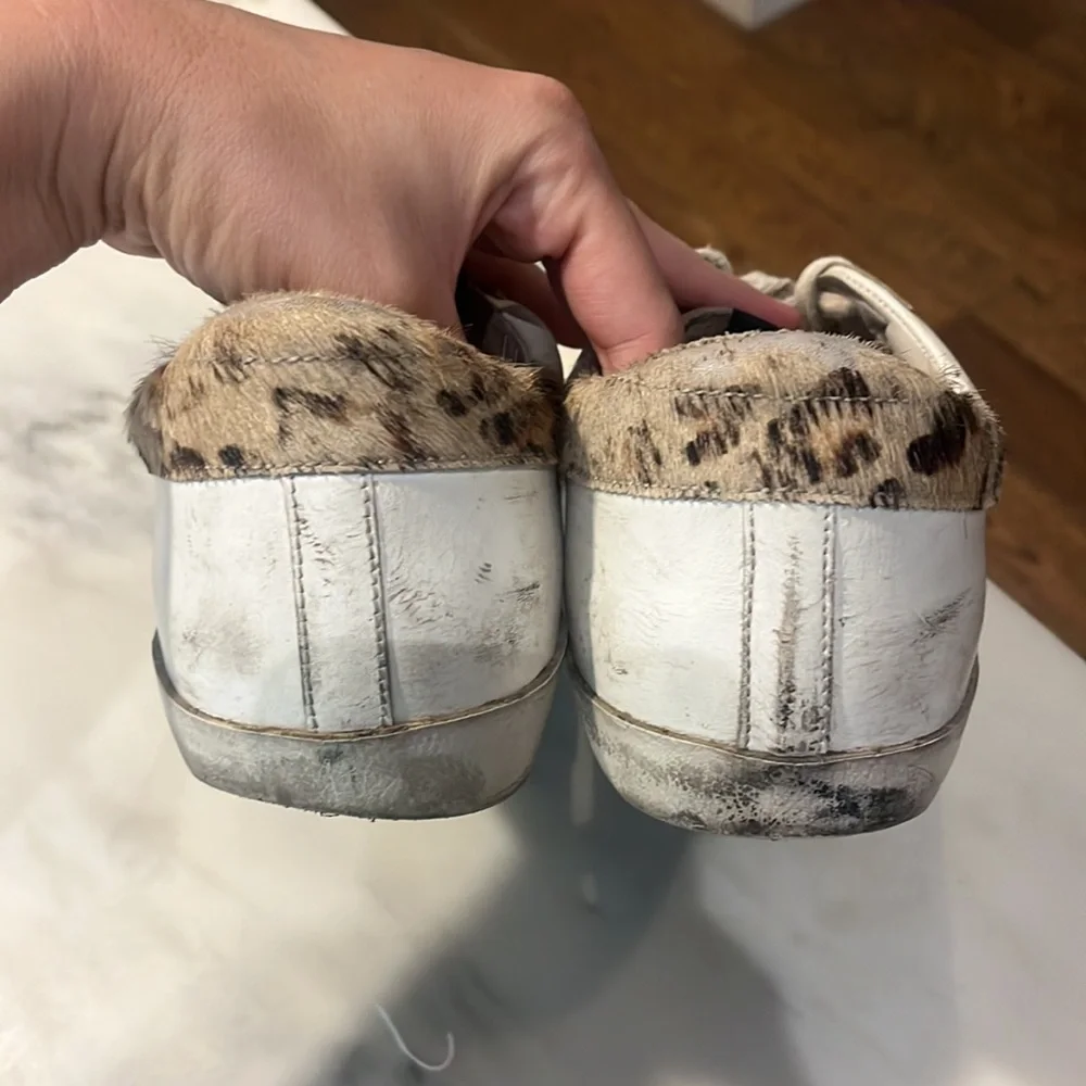 Golden Goose White Leather Sneakers with Leopard Toe and Black Star